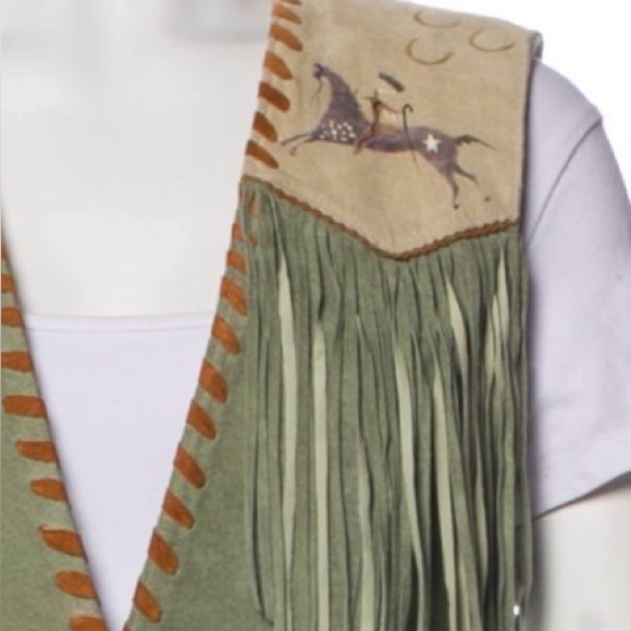 Patricia wolf hand painted leather fringe vest native american Indian ponies M - Picture 7 of 7
